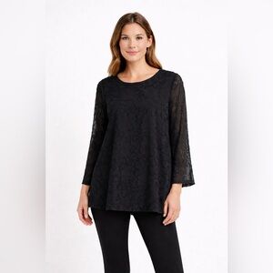 Susan Graver Black Burnout Tunic Blouse Lined Floral Tie Back M